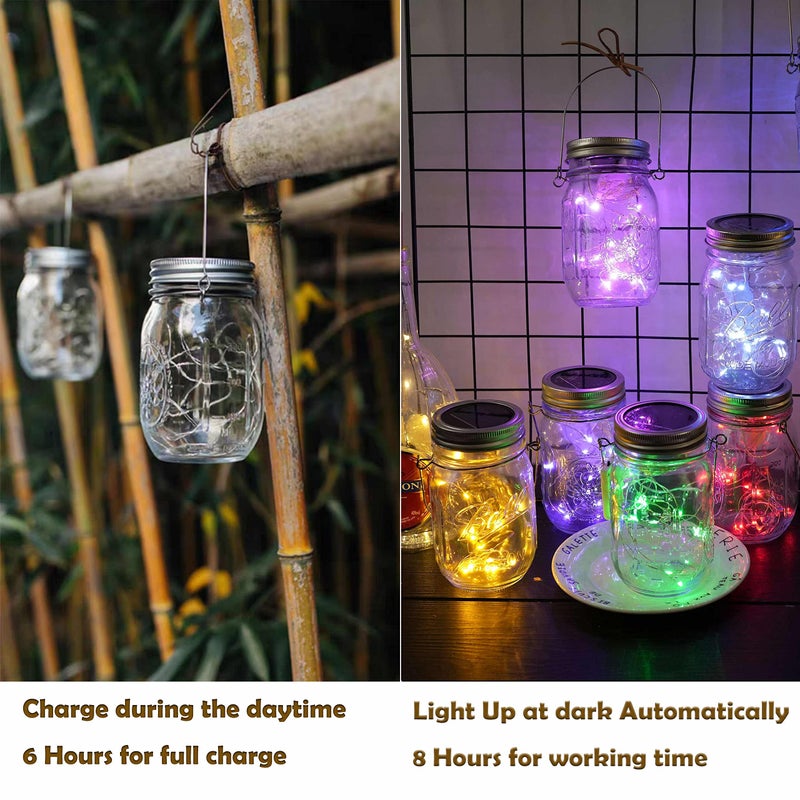 Decorman Solar Mason Jar Lid Lights, 6 Pack 20 LED Waterproof String Fairy Star Firefly Jar Lids Lights for Patio Garden Yard Lawn Party Wedding Christmas Decoration(Jars & Hangers Not Included) - Image 4
